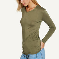 Khaki V-neck long-sleeve fitted top, side view