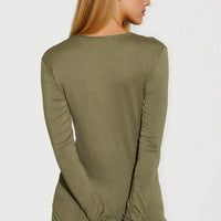 Khaki V-neck long-sleeve fitted top with back seam