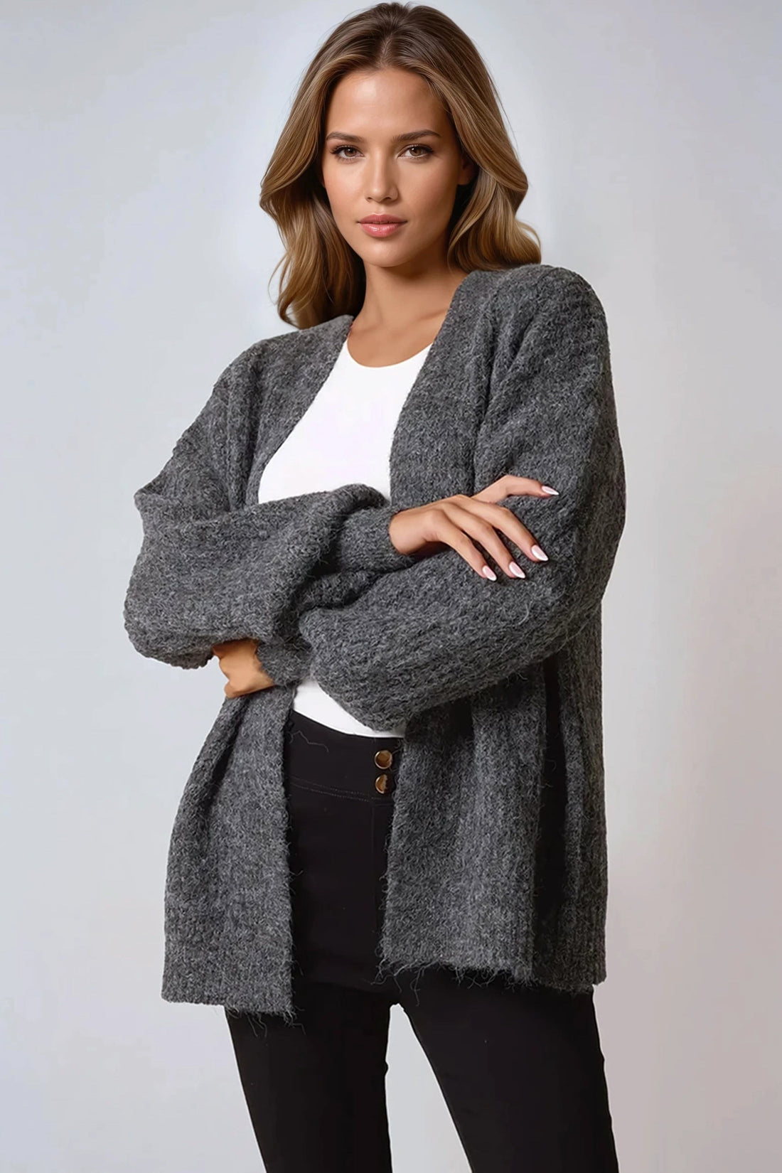 Charcoal wool-blend cardigan with open front and balloon sleeves, long relaxed fit