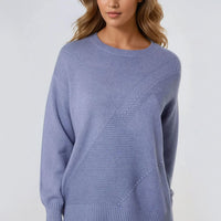 Denim blue geometric knit jumper with round crew neck, long sleeves and ribbed cuffs