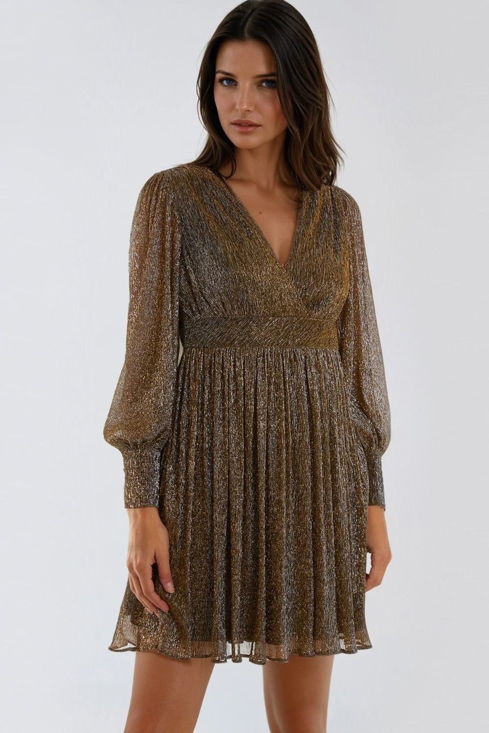 Metallic gold mini dress with V-neck, long sleeves, pleated skirt