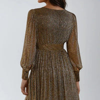 Metallic gold mini dress, long sleeves, back view with pleated skirt
