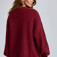 Wine Wool Blend Balloon Sleeve Knitted Cardigan-2