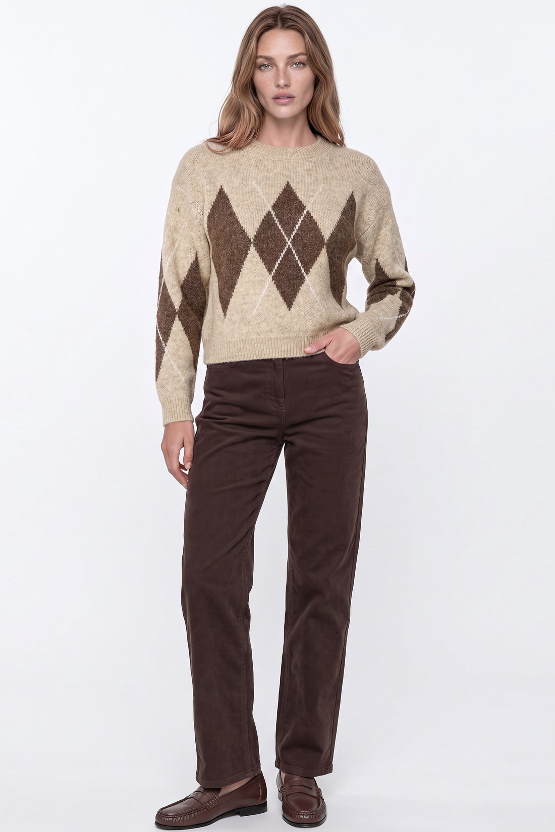 Beige Argyle Pattern Wool Blend Knit Jumper-1