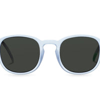 Arly sunglasses with light blue frames and dark round lenses