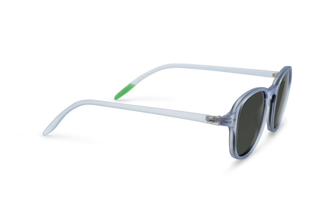 Arly sunglasses, angled side view: light blue frame with dark lenses and green accents