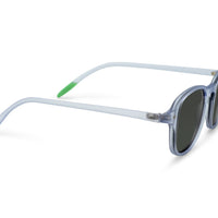 Arly sunglasses, angled side view: light blue frame with dark lenses and green accents