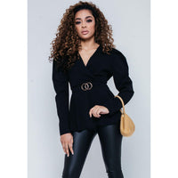 Black puff-shoulder V-neck blouse with waist tie belt and peplum hem