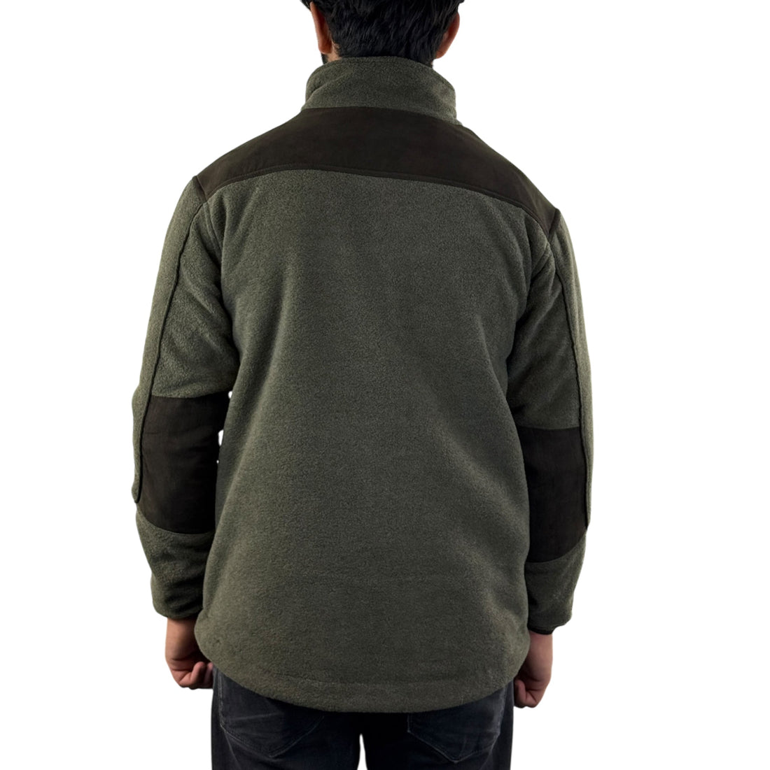 Game Berwick fleece jacket in olive and brown, straight rear view with contrast shoulder and elbow panels