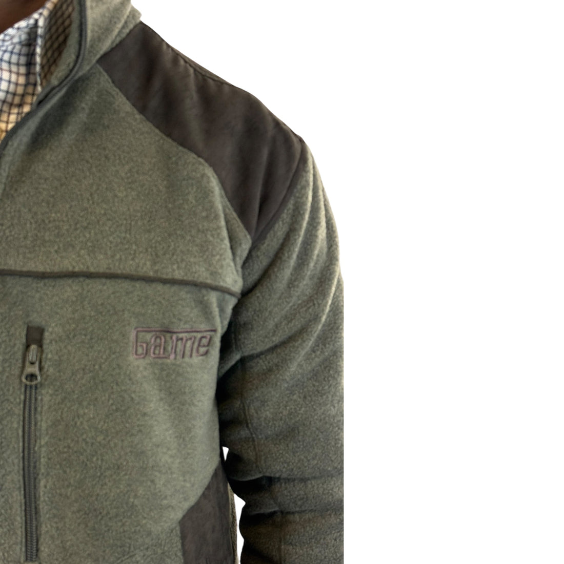 Game Berwick fleece jacket detail showing embroidered logo, chest zip pocket and brown shoulder panel