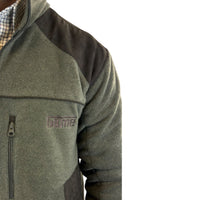 Game Berwick fleece jacket detail showing embroidered logo, chest zip pocket and brown shoulder panel
