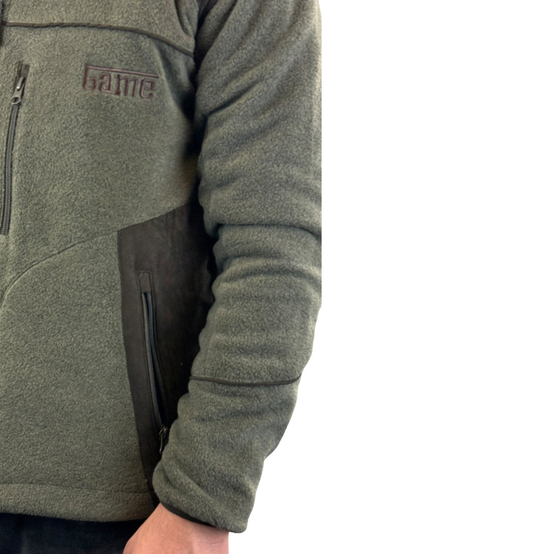 Game Berwick fleece jacket detail showing brown side pocket with vertical zipper