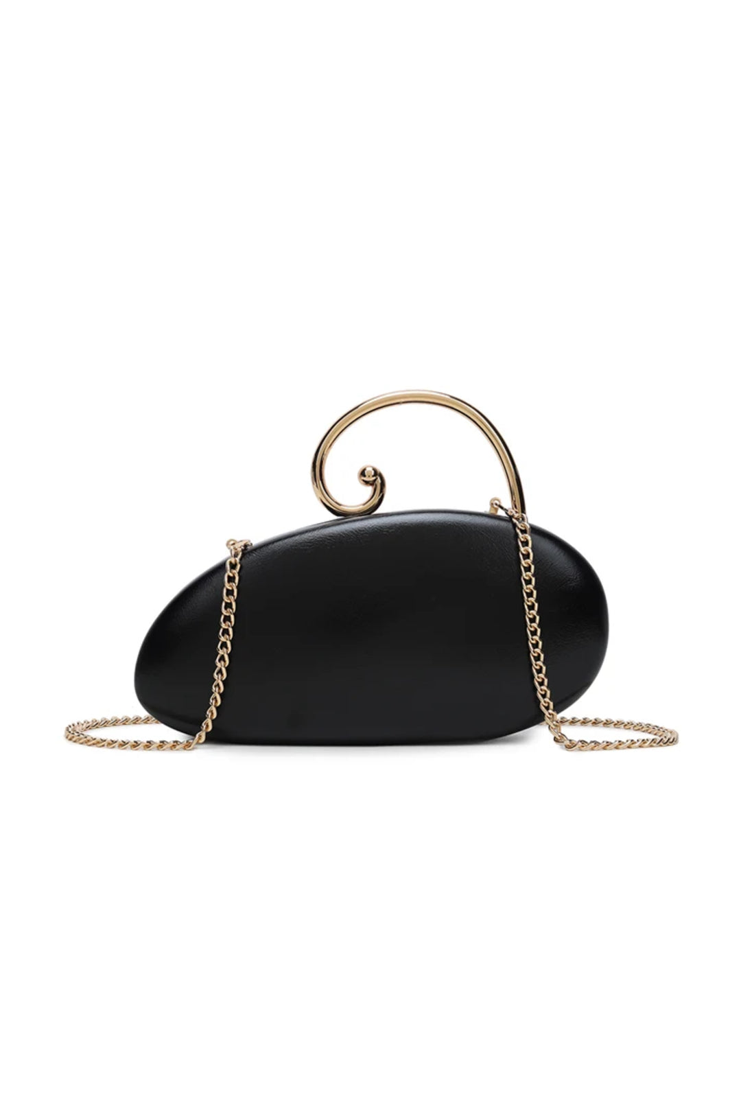 Black asymmetric clutch bag with spiral detail handle and chain strap