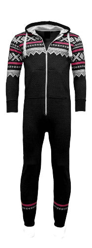 Black Aztec print onesie with a lined hood, front zipper, and patterned cuffs.