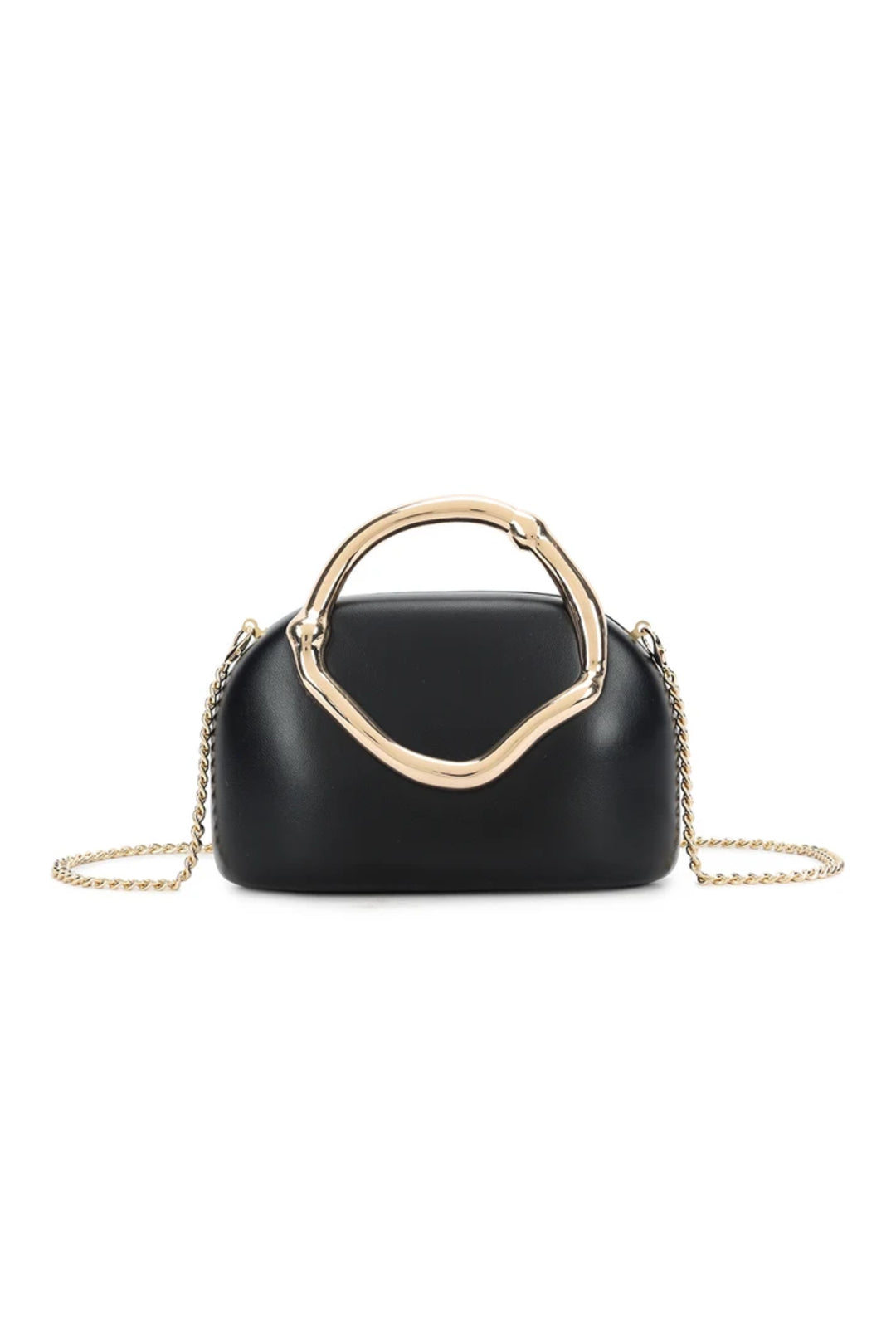 Black clutch bag with sculptural gold-tone handle and chain shoulder strap