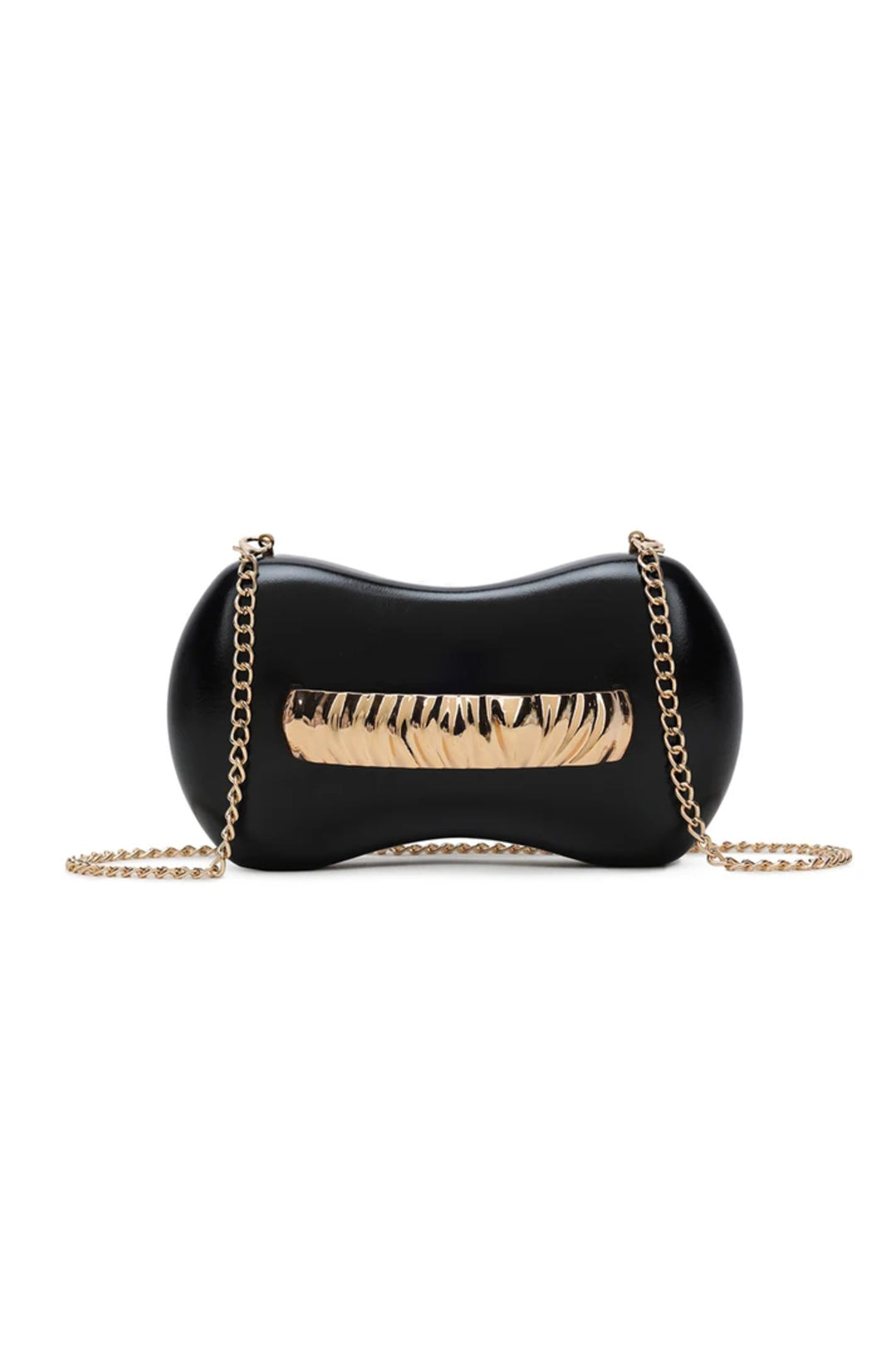 Black bow clutch bag with gold-tone waved handle and chain strap