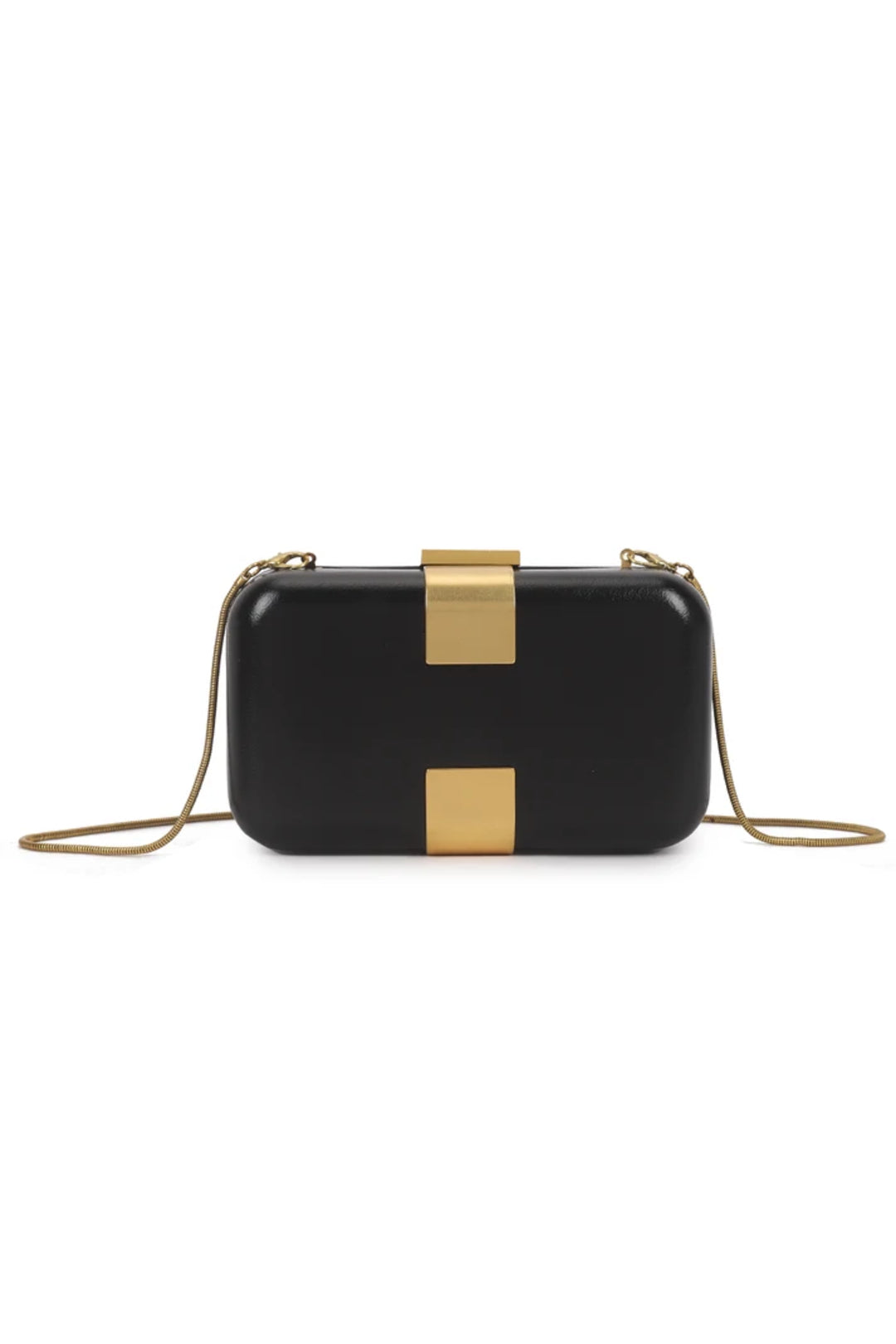 Black evening clutch bag with gold-tone clasp and thin shoulder chain strap