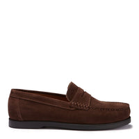Brown suede loafer with moc-toe stitching, penny strap, and black sole