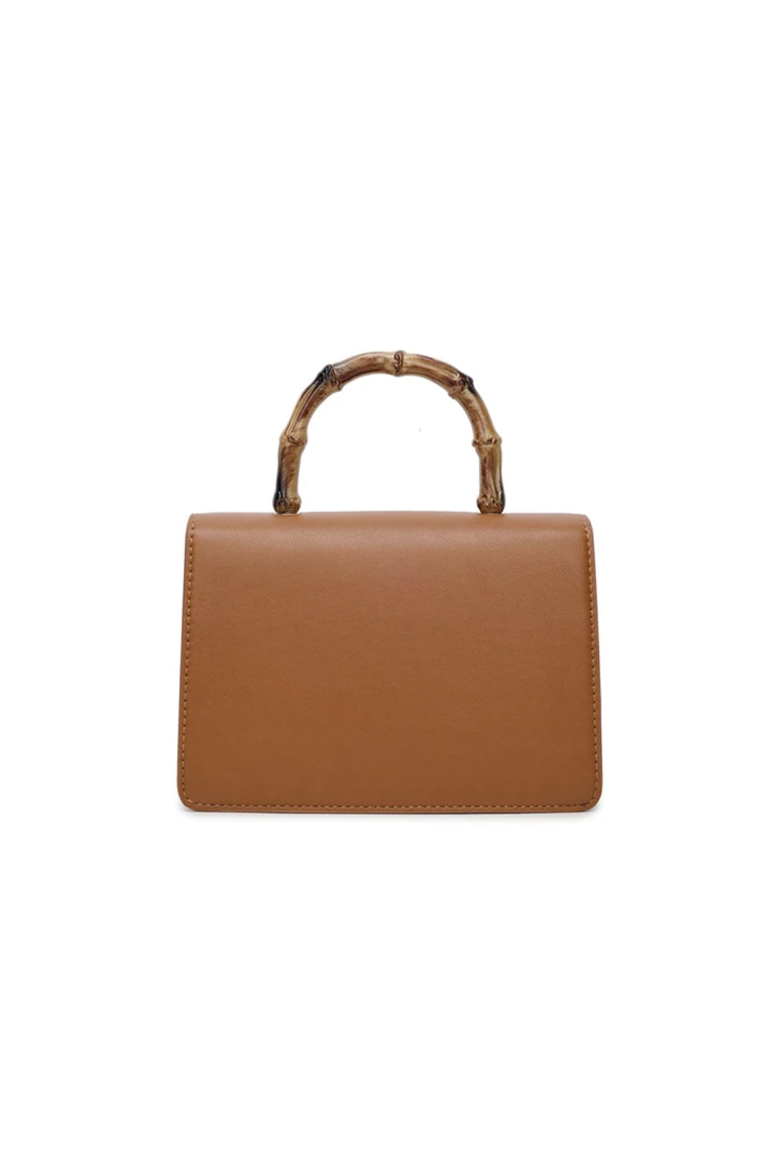Brown faux leather crossbody bag with bamboo-style handle and simple top front