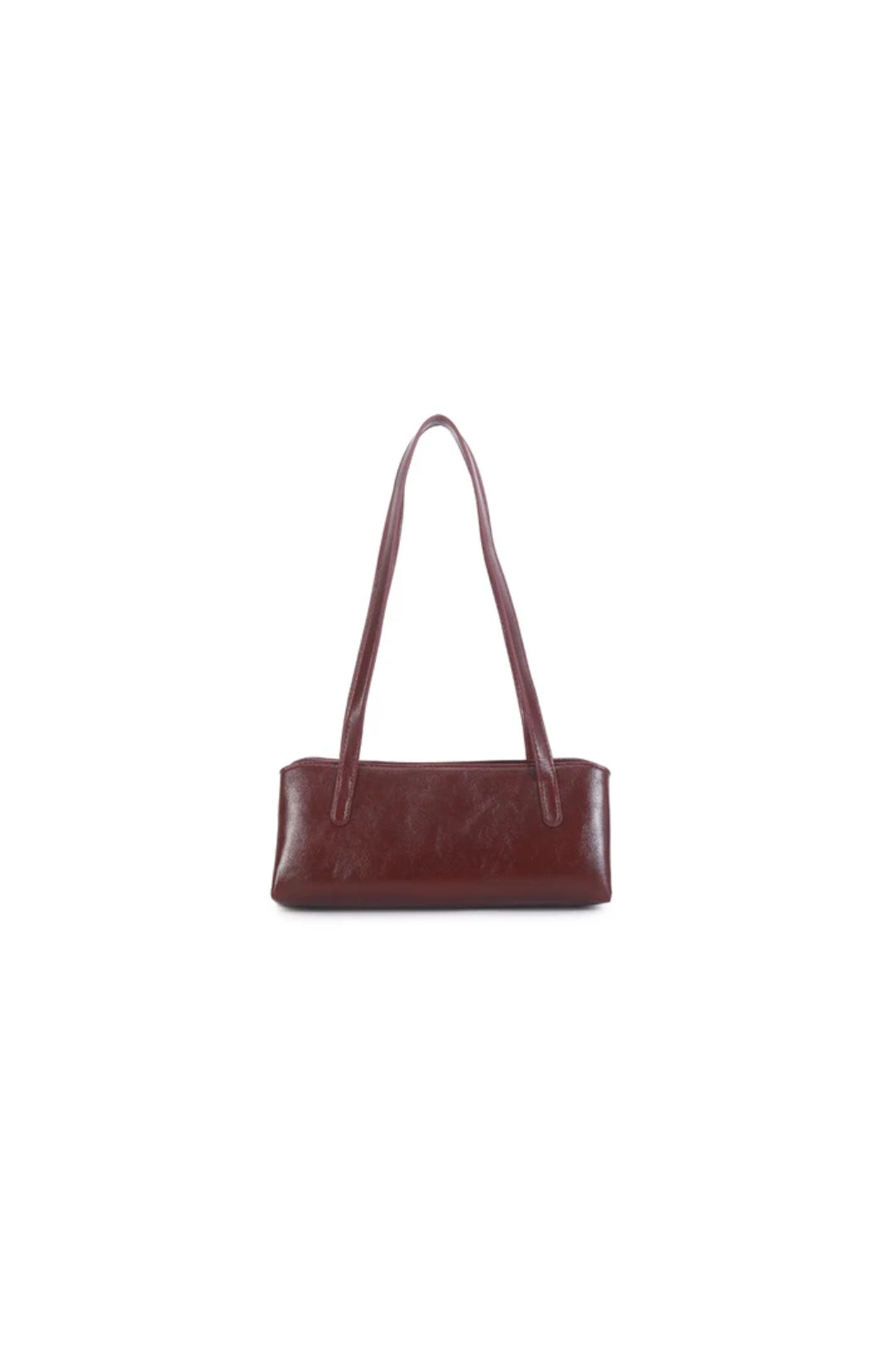Burgundy shoulder bag with top handles and structured front panel