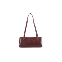 Burgundy shoulder bag with top handles and structured front panel