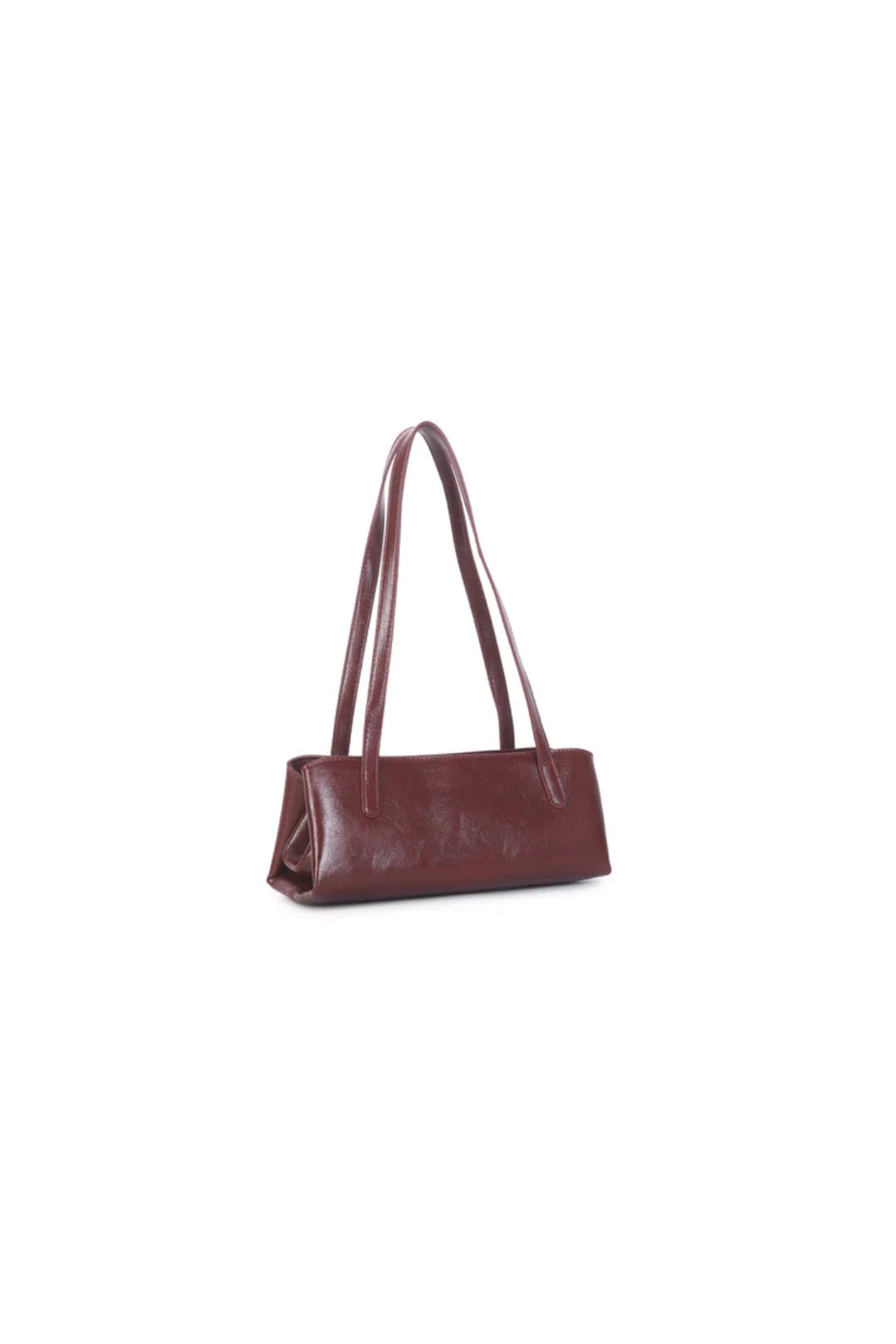 Burgundy shoulder bag with two top handles and subtle side pleats