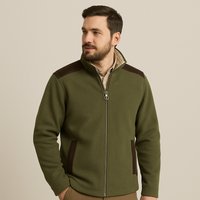 Men's olive sherpa-lined fleece jacket with brown shoulder panels and zip pockets