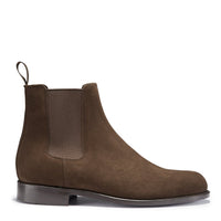 Brown suede Chelsea boot with elastic side panel, pull tab and low heel