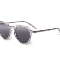 Round sunglasses with transparent gray frame, dark lenses, side profile