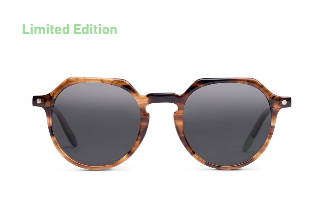 Brown tortoise-effect sunglasses with dark round lenses, front view
