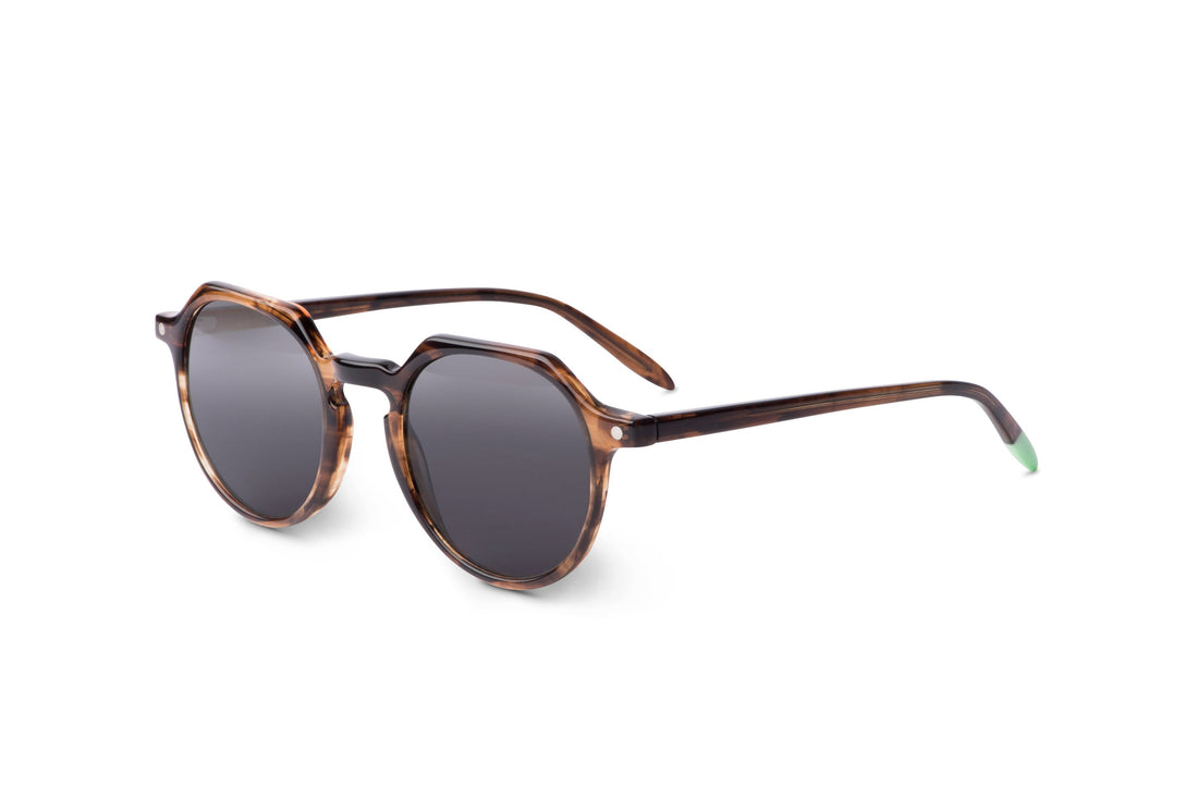 Brown tortoise-effect sunglasses with dark round lenses, side view
