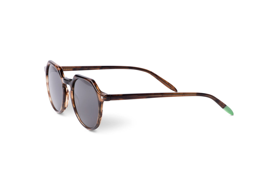 Brown tortoise-effect sunglasses with dark round lenses, angled side profile