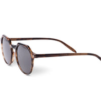 Brown tortoise-effect sunglasses with dark round lenses, angled side profile