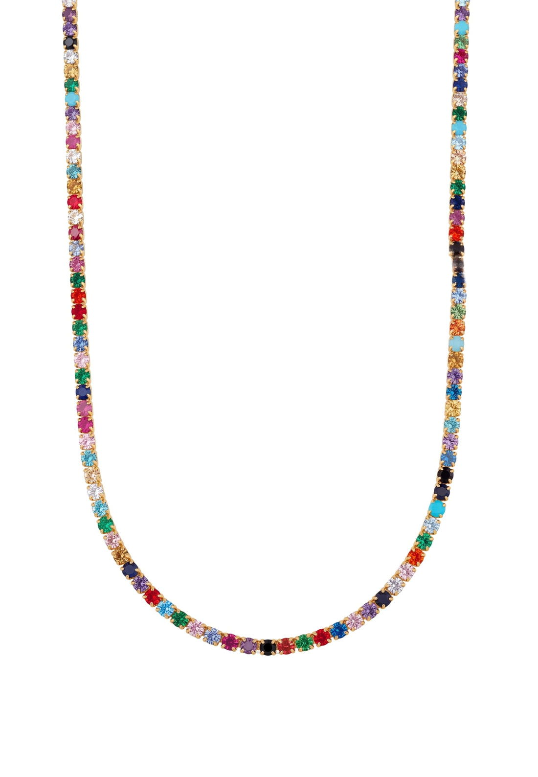 Gold tennis necklace with rainbow multi-color CZ stones in a continuous row