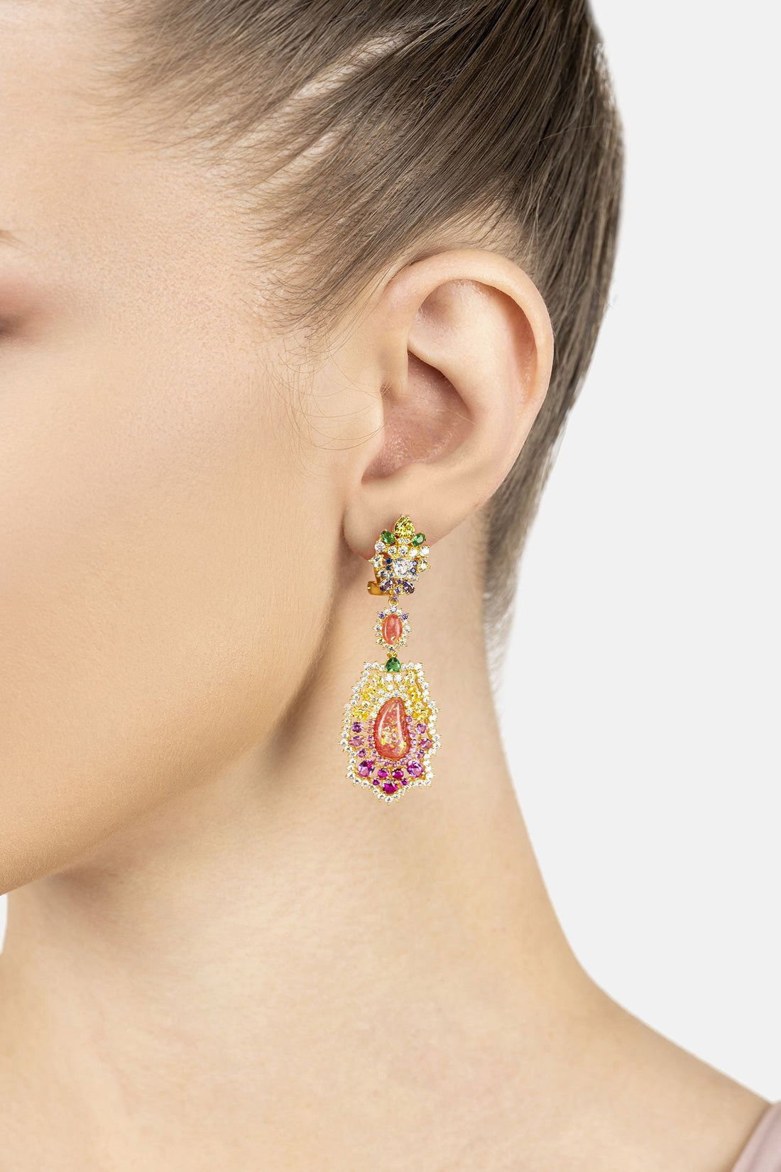 Frida Pink Opal Rainbow Drop Earrings Gold-1