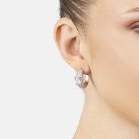 Morganite silver hoop earring on a model's ear