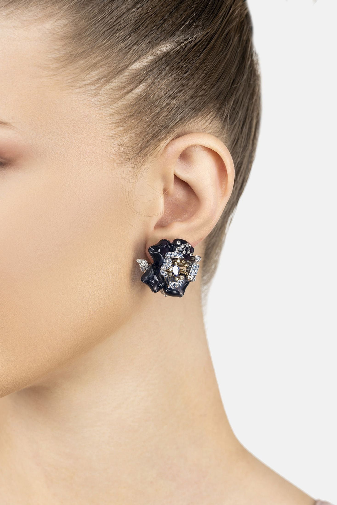 Blue Rose Flower Stud Earrings Dual Plating-1