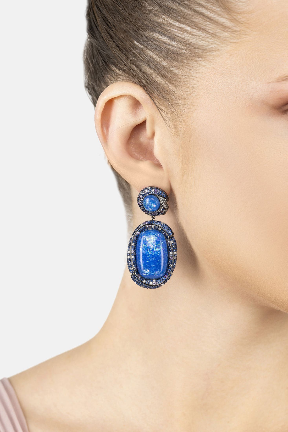 Fiorella Blue Opal Drop Earrings Silver Oxidised-1