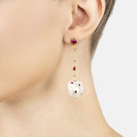 Gold-tone dangle earrings with pearl beads, red ruby accents, and white baroque pearl charm