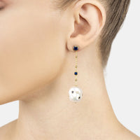 Gold-tone drop earrings with blue stones, pearl chain, and white baroque pearl charm