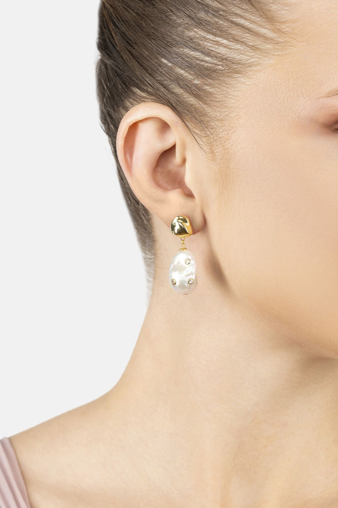 Polka Dot Baroque Pearl Drop Earrings Gold Cz-1