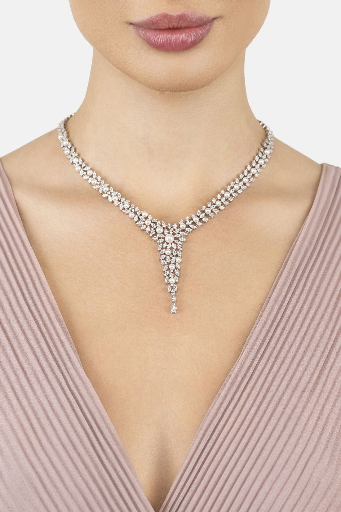 Marquise Statement Necklace Pearl Silver-1
