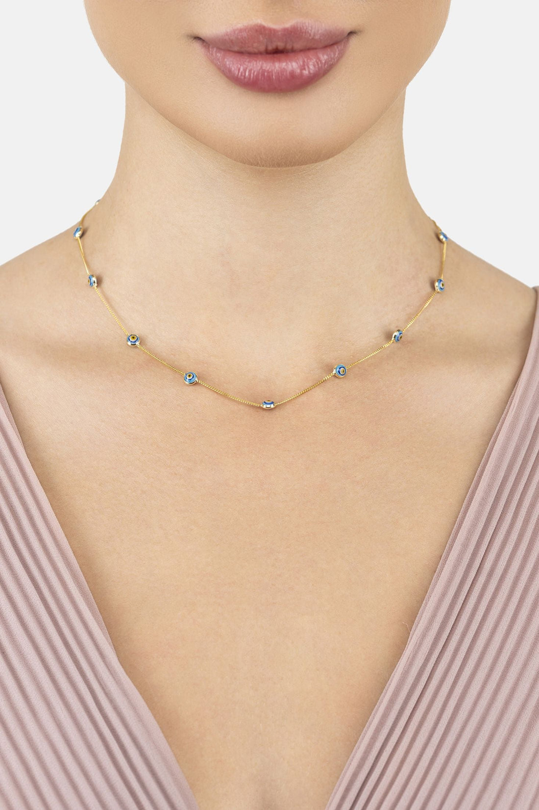Evil Eye Blue Enamel Choker Necklace Gold-1