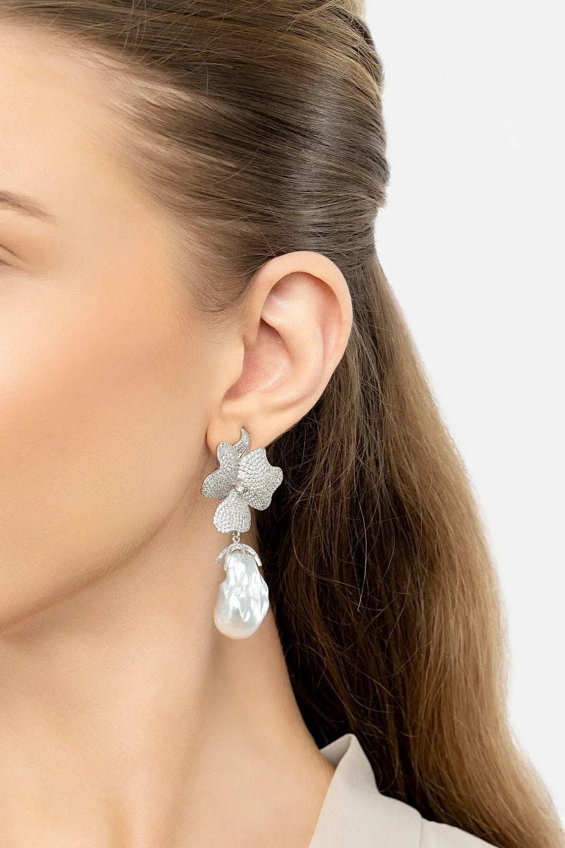 Baroque Pearl White Flower Clip On Drop Earrings Silver-1