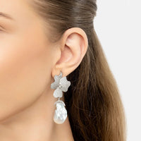 Baroque Pearl White Flower Clip On Drop Earrings Silver-1