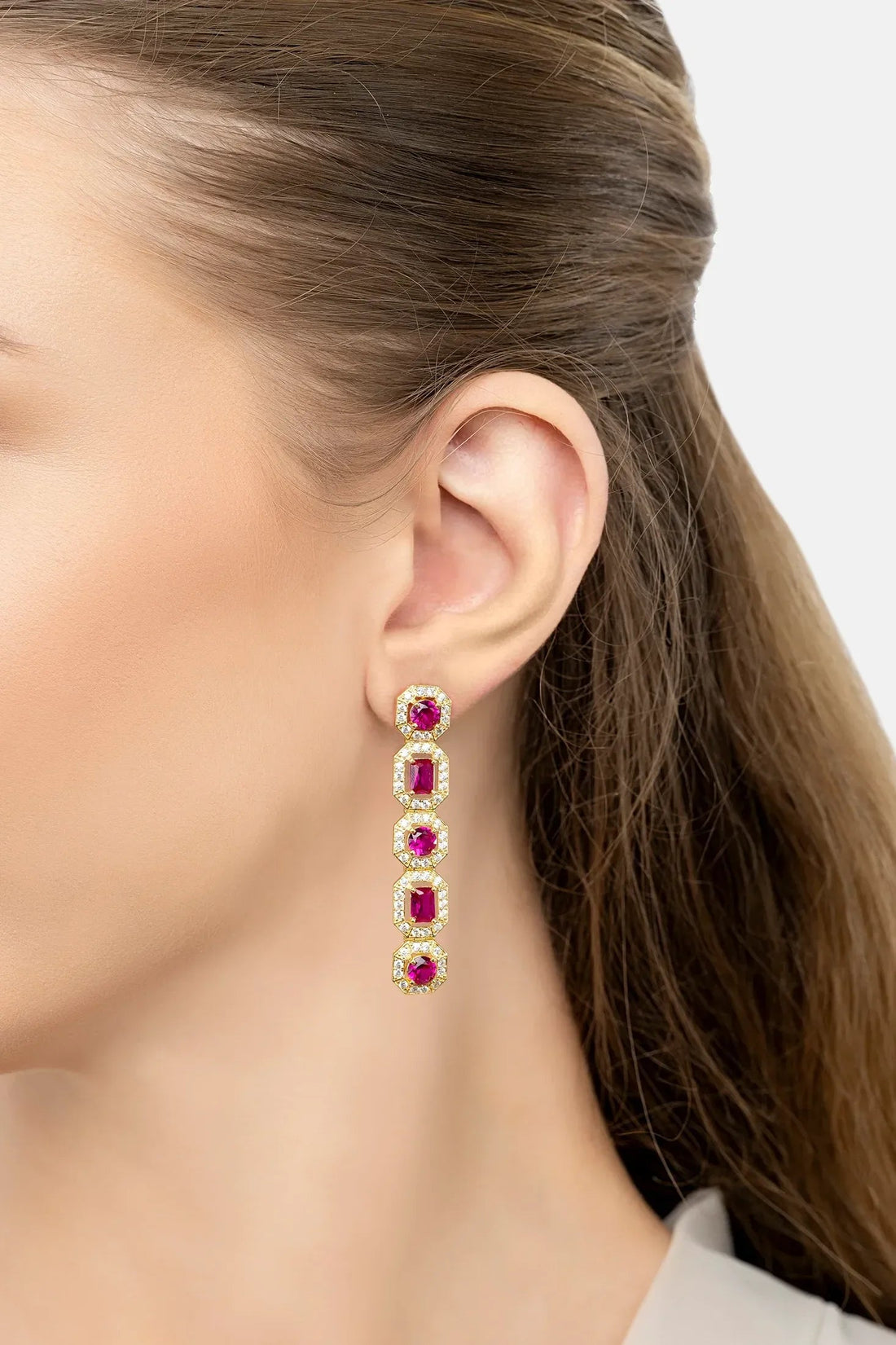 Gold-tone ruby gemstone drop earrings, five ruby stones in gold square bezels