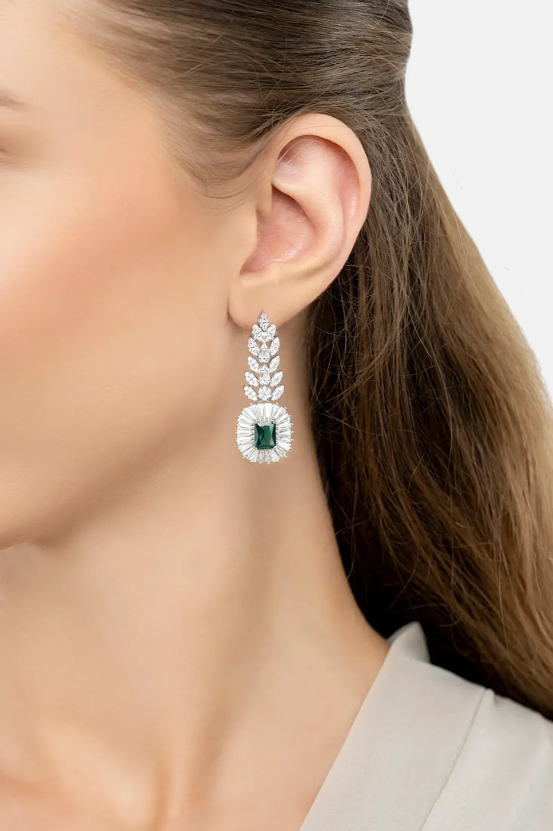 Countess Gemstone Drop Earrings Emerald Silver-3