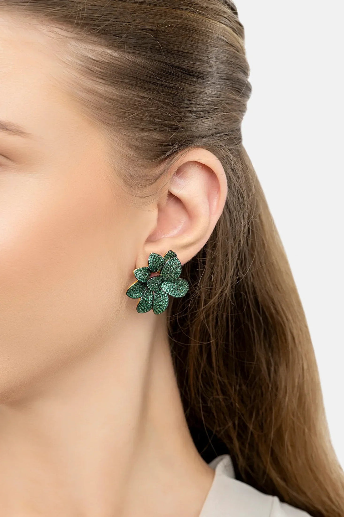 Amaryllis Flower Large Stud Earrings Gold Emerald-3