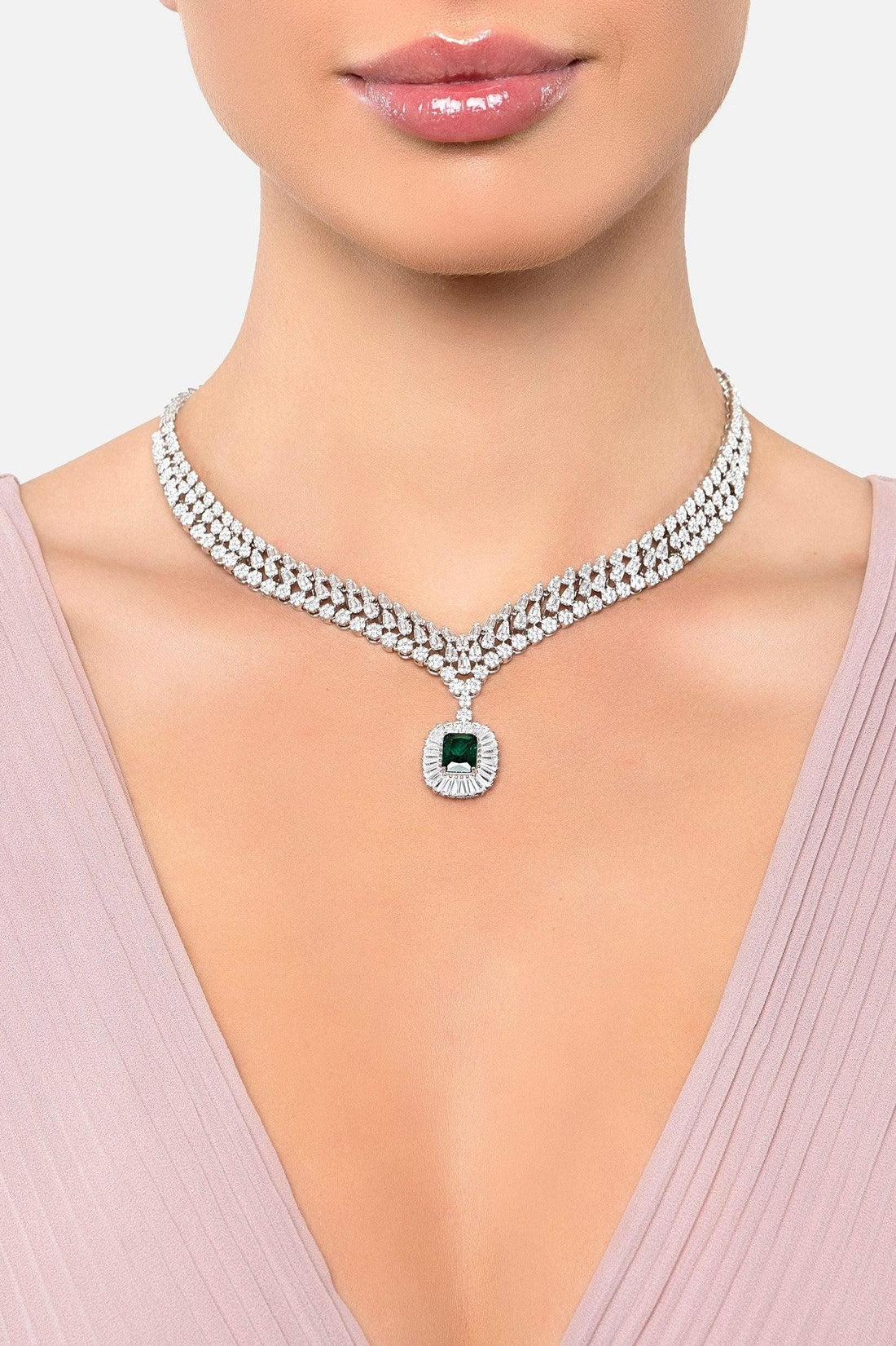 Countess Statement Emerald Necklace Silver-1