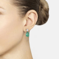 Silver teardrop earrings with green oval stone and small clear stud